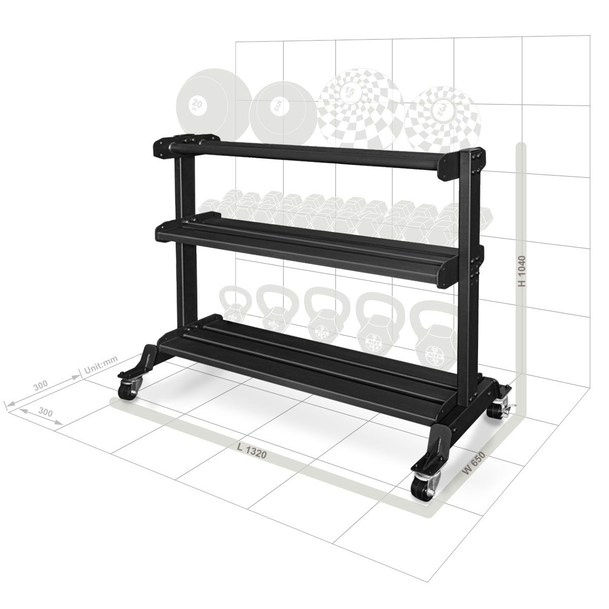 F12JC001 Serie VF (VersiFunction) Tipo 1, estante de almacenamiento para equipos de ejercicios móviles, gabinete, estante, mancuernas, pesas rusas, pelotas - Alex, Alexandave